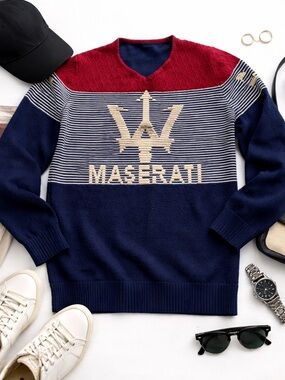 Vintage Maserati Knit Sweater Red Blue Logo Graphic Crewneck Italy Racing Small